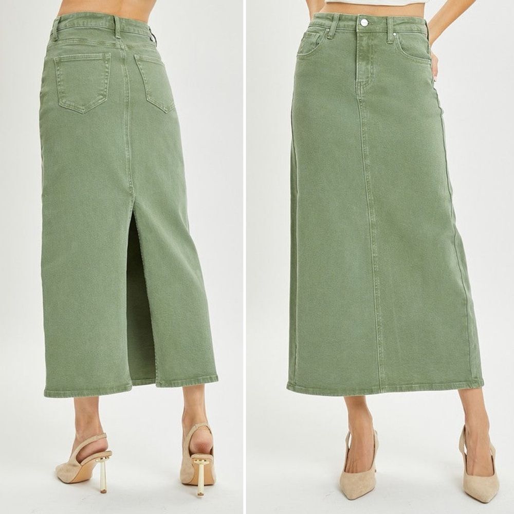 NWT Risen Olive Denim Maxi Skirt Size 1XL High Rise Stretch Midi Long Jean Skirt - Picture 12 of 12